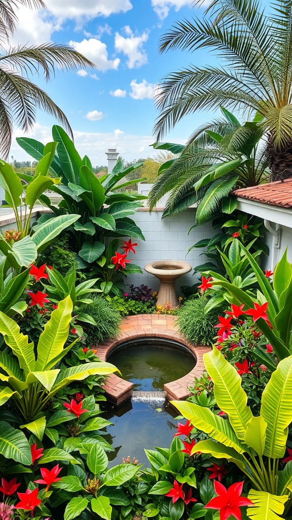 A lush tropical rooftop garden featuring vibrant red flowers, green plants, and a small pond.