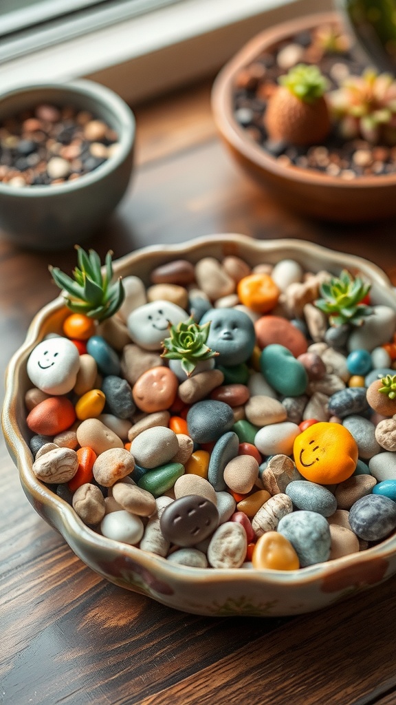 A whimsical dish garden featuring colorful pebbles and small succulent plants.