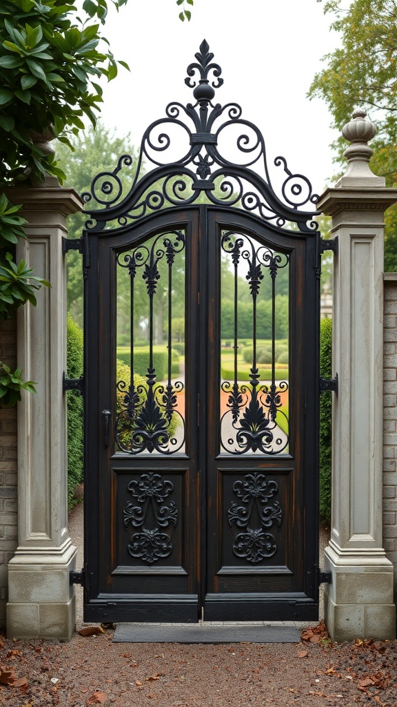 A vintage wrought iron garden gate with ornate designs and stone pillars