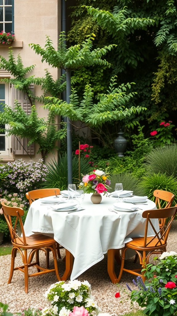 A beautifully set outdoor dining table in a French garden, surrounded by greenery and flowers.