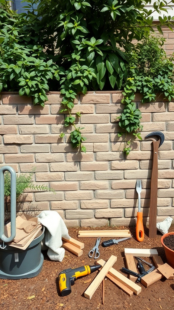 A workspace for a DIY garden wall project with tools and materials.