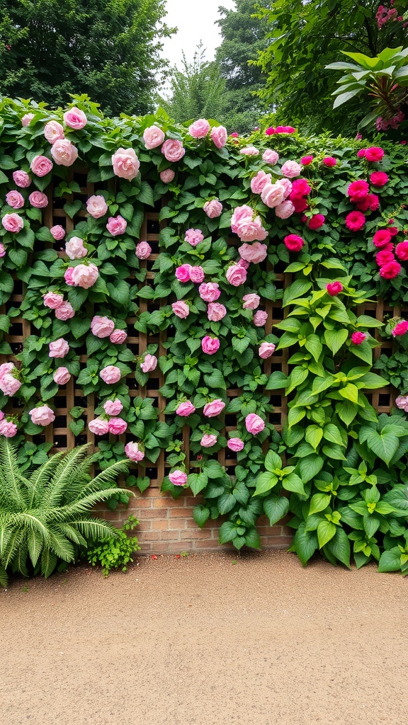 A garden fence covered with climbing roses and green leaves, creating a vibrant living wall.