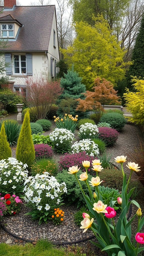 A beautifully arranged French garden with colorful flowers and greenery.