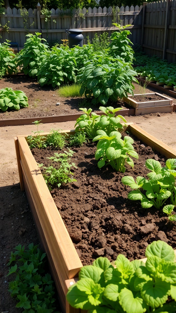 A raised vegetable bed filled with healthy plants in a garden.