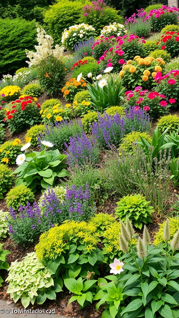 A colorful sloped garden filled with various flowers and plants, showcasing seasonal interest.