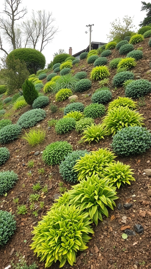 A sloped garden featuring various ground cover plants in different shades of green.
