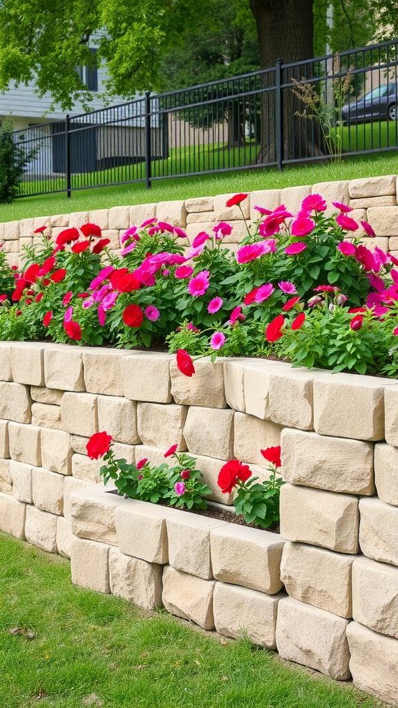 A retaining wall with built-in planters filled with vibrant flowers.