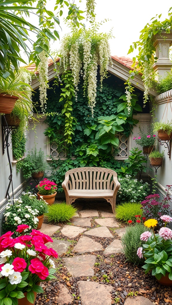 A cozy garden seating area with a wooden bench surrounded by colorful flowers and greenery.