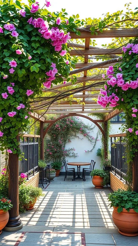 A beautiful pergola covered with pink climbing plants, featuring a cozy seating area with potted plants.