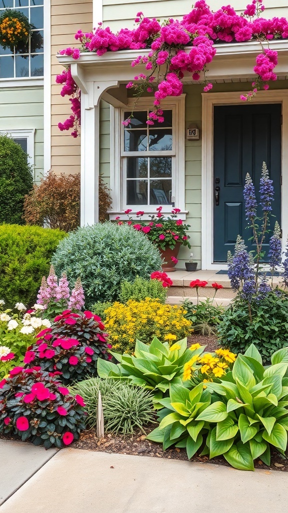 A colorful front garden featuring bougainvillea, begonias, daisies, hostas, and delphiniums.
