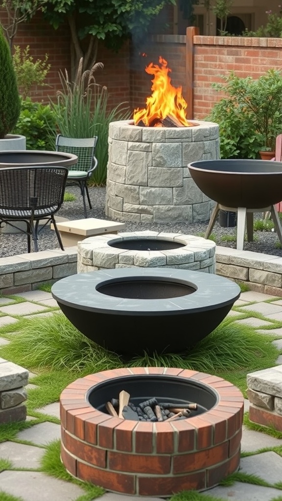 A fire pit garden featuring a stone fire pit, black metal fire pits, and a brick fire pit, surrounded by greenery and outdoor seating.
