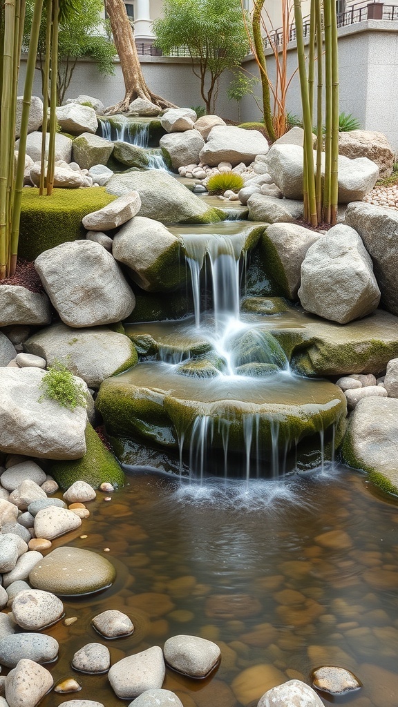 A serene Zen garden waterfall with smooth stones and lush greenery.
