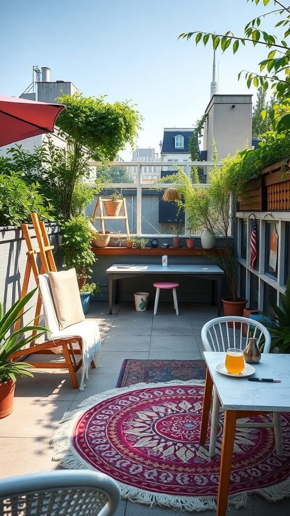 A cozy artisan craft space on a roof garden featuring plants, a wooden easel, a table with chairs, and a colorful rug.