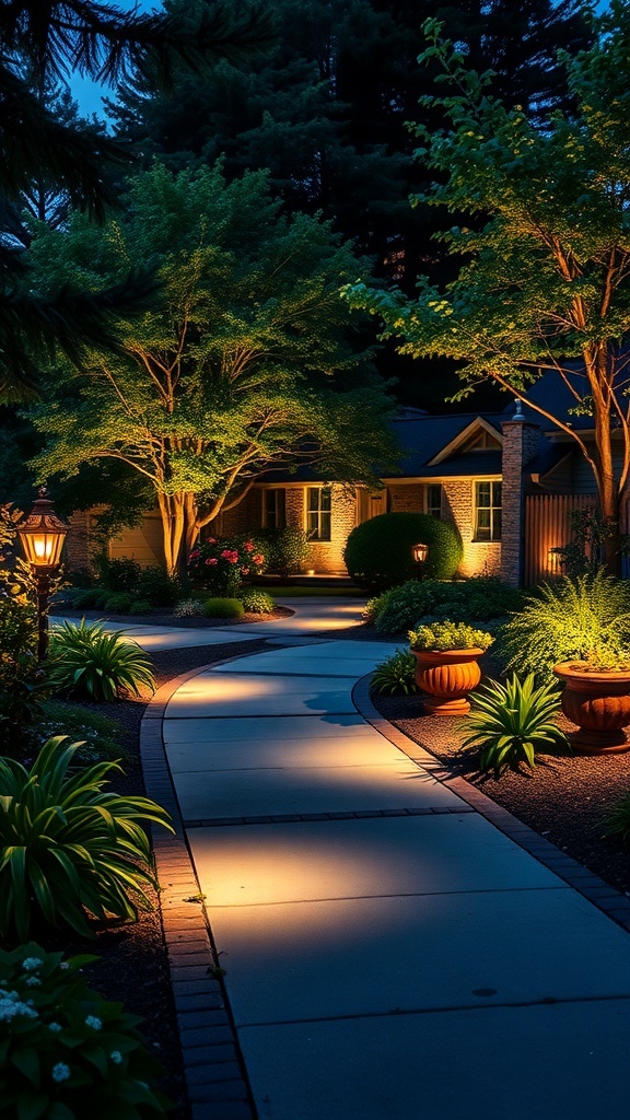 A beautifully lit front garden at night with a pathway and plants illuminated.