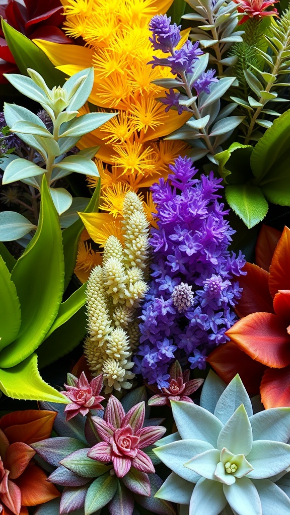 A vibrant display of various plants showcasing a range of colors including yellow, purple, and green.