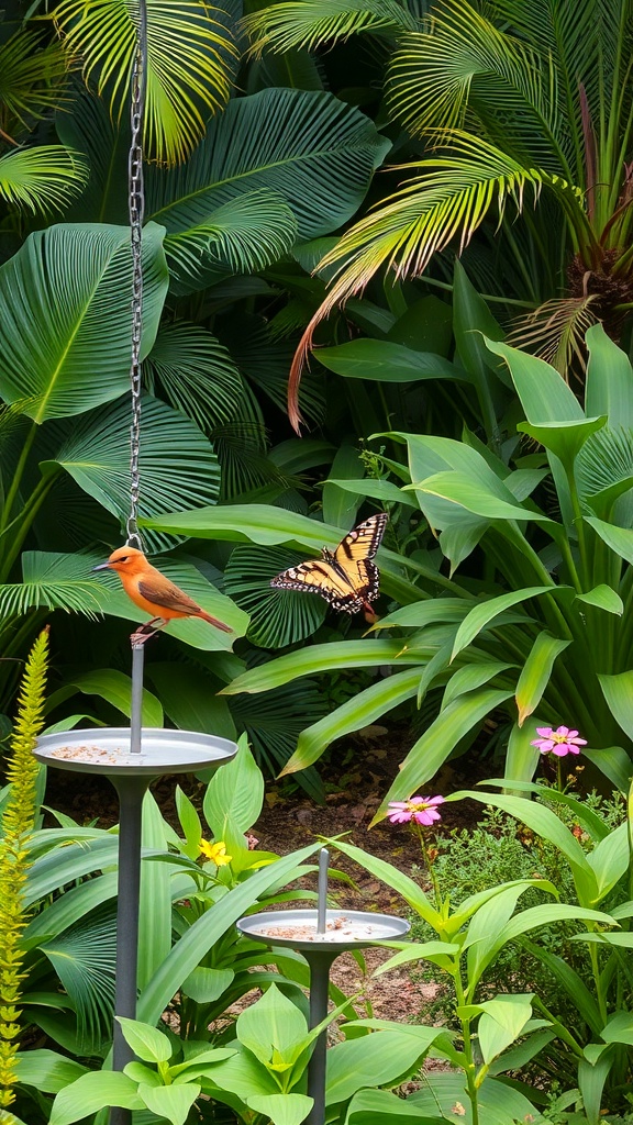 A tropical garden scene featuring a bird on a feeder and a butterfly among lush green plants and colorful flowers.