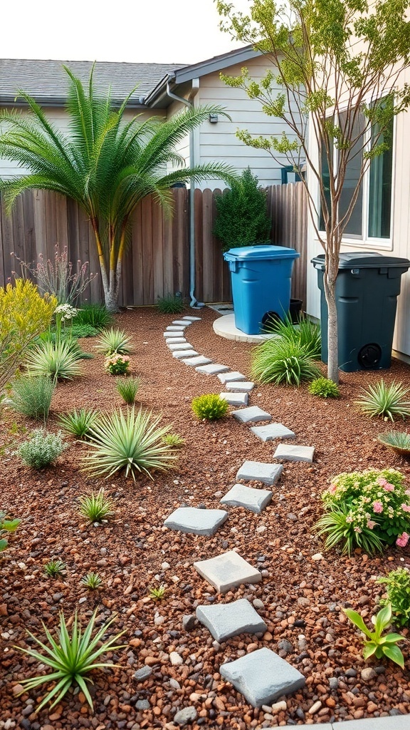 A sustainable front garden with stepping stone pathway, native plants, and a compost bin.