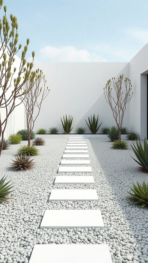 A modern minimalist landscape featuring a stone pathway surrounded by gravel and sparse plants.