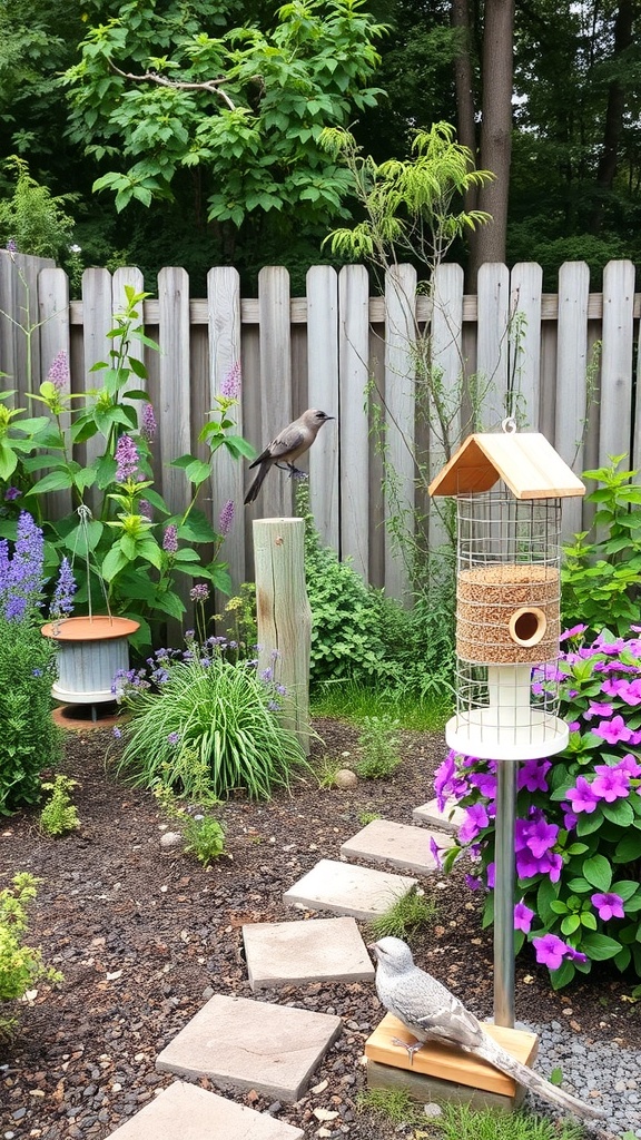 A small garden featuring a bird feeder, colorful flowers, and stepping stones.