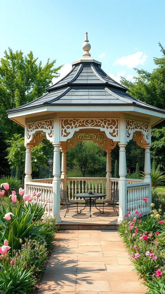 A charming gazebo surrounded by colorful flowers in a garden setting.