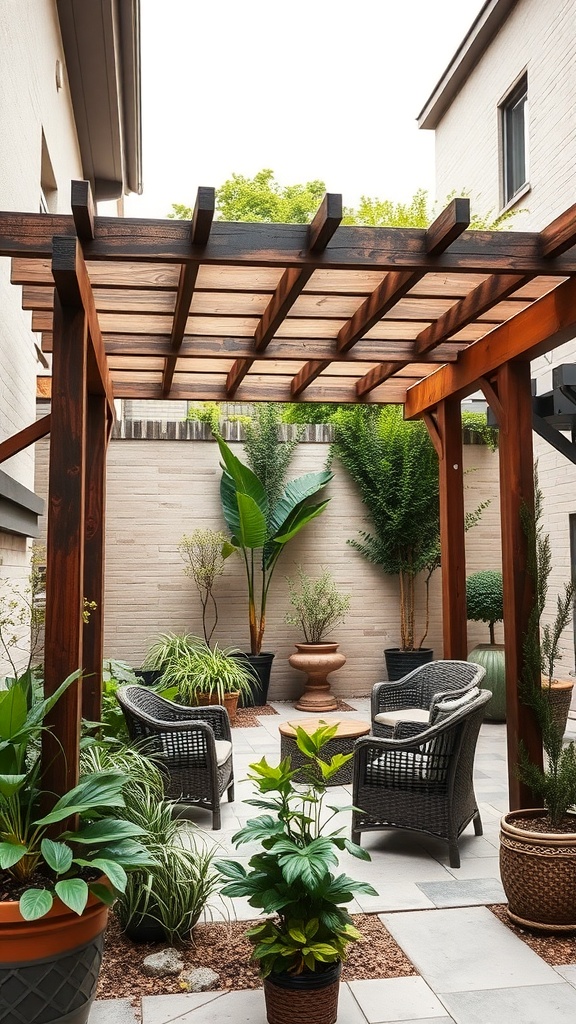 A courtyard garden featuring a wooden pergola with seating and lush plants.