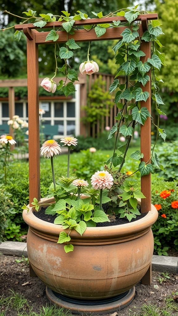 A terracotta planter with a wooden trellis, featuring climbing plants and colorful flowers.