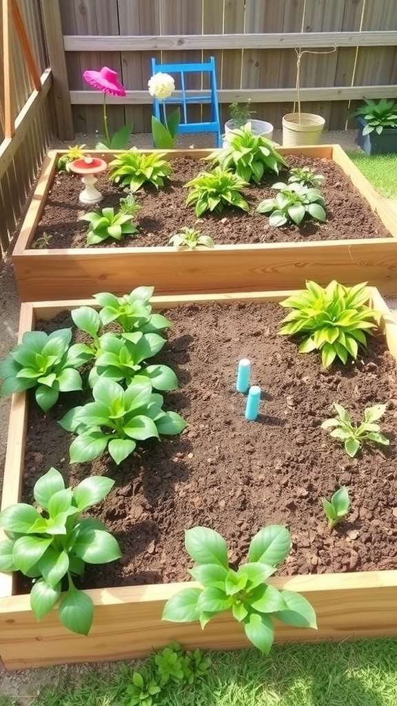 A family-friendly garden with raised beds, colorful pots, and a child tending to plants.