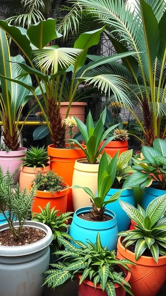 Colorful containers filled with tropical plants in a garden setting.