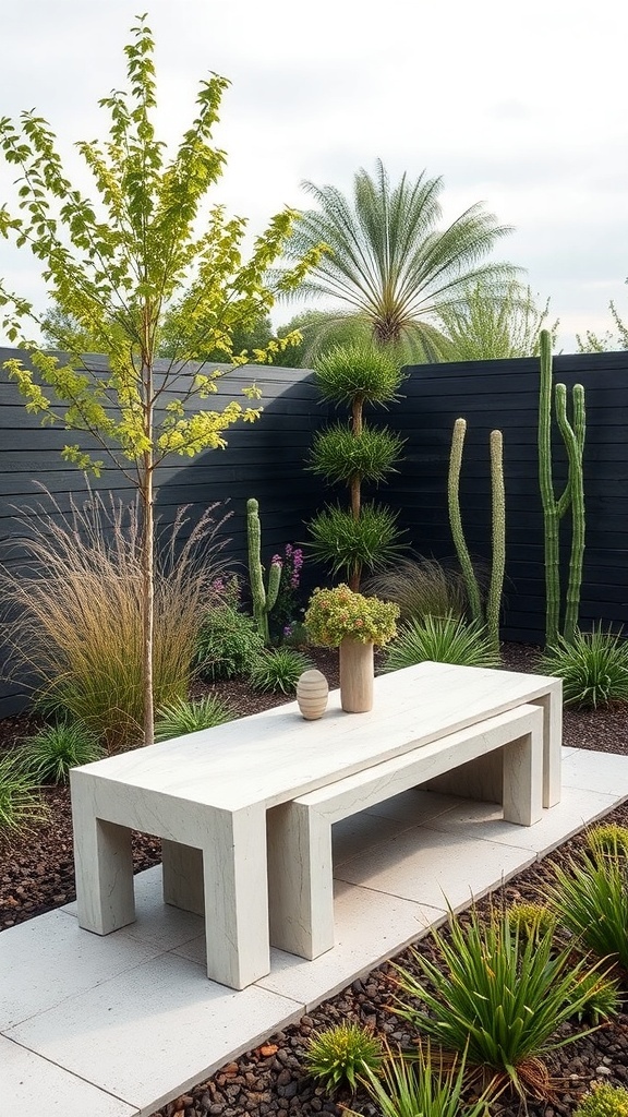 A contemporary concrete garden bench surrounded by greenery and a dark wooden fence.
