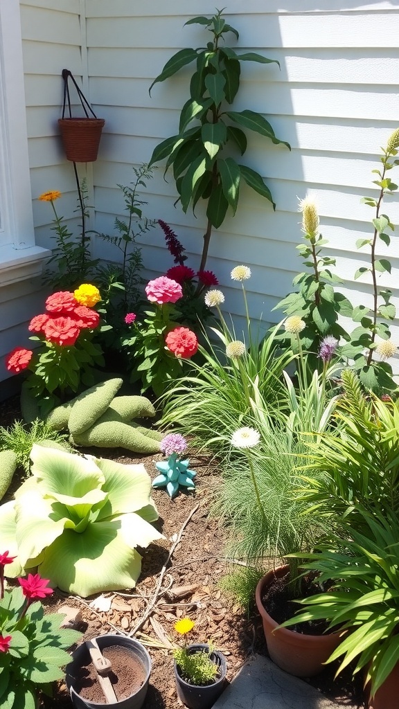A colorful side garden featuring various flowers and plants in sunlight.
