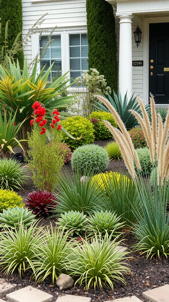 A vibrant front yard garden featuring layered planting with various plants and colors.