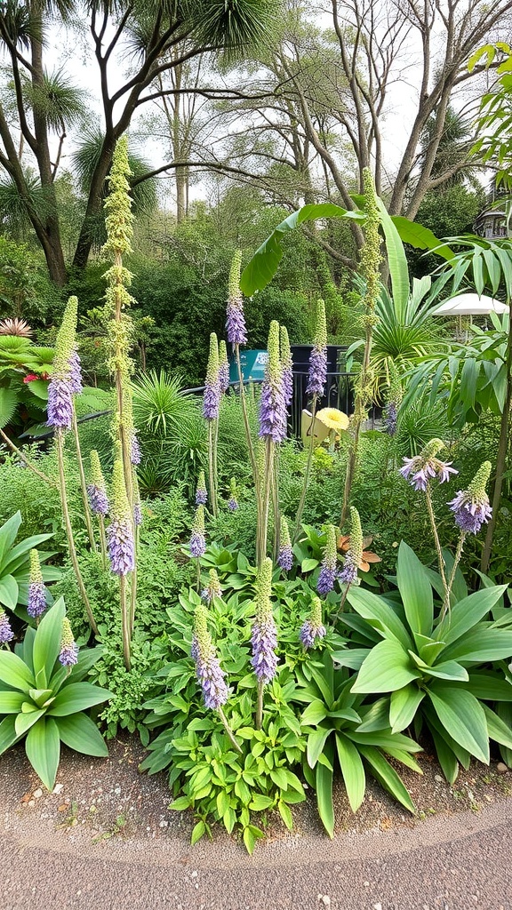 A vibrant botanical garden with tall flowering plants and lush greenery, showcasing a wildlife habitat.