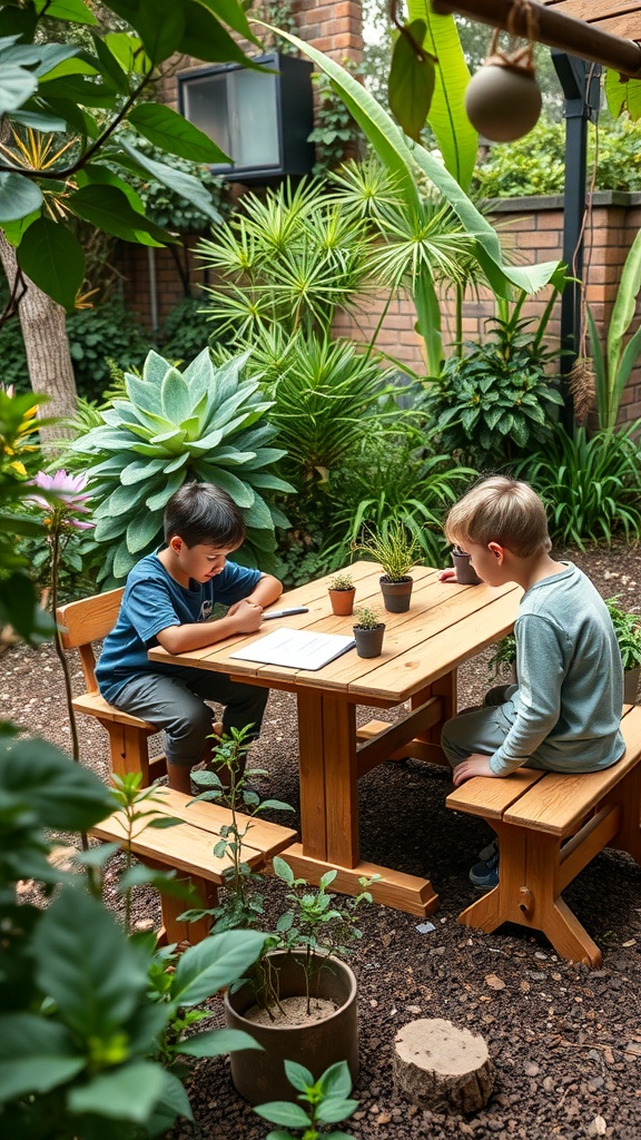 A collection of sculptures in a botanical garden surrounded by colorful flowers and greenery.