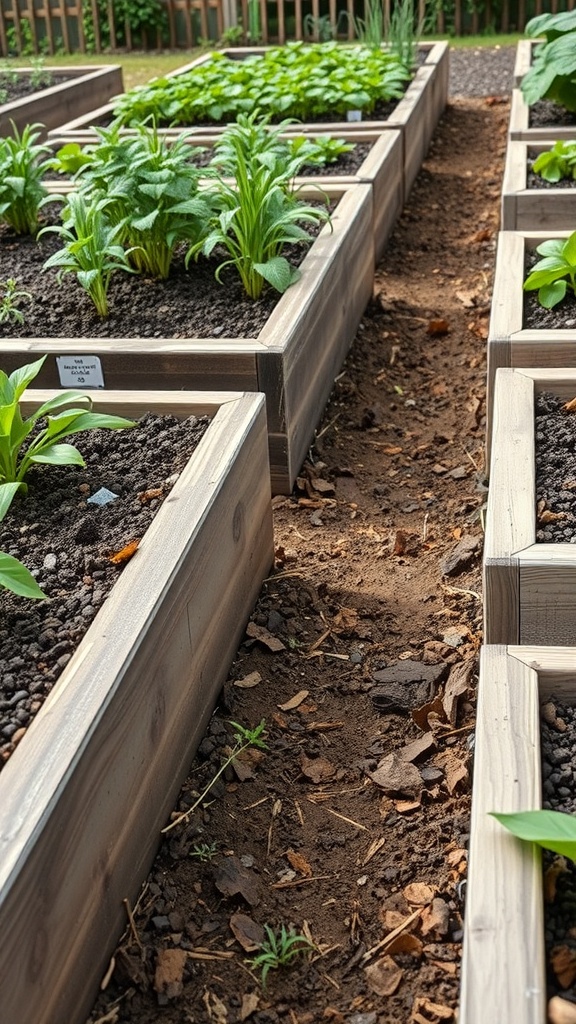 A layout of raised garden beds with a clear path in between, showcasing healthy plants and wooden frames.