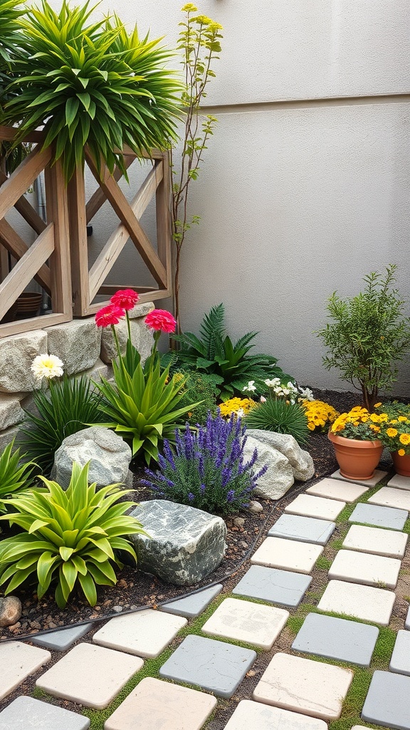 A small garden featuring a stone pathway, colorful flowers, and lush greenery.
