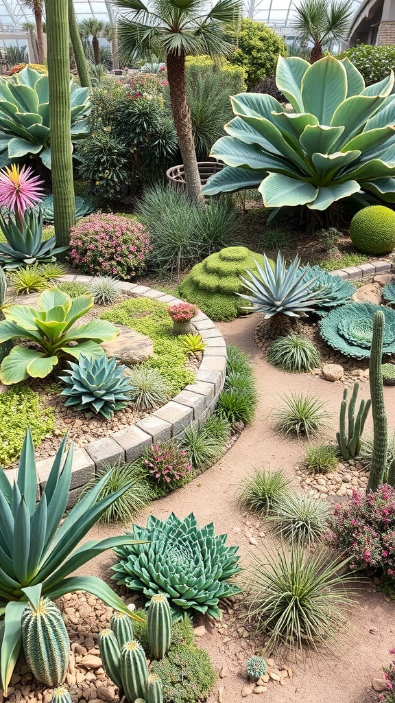 A beautifully designed themed garden area featuring various succulents and cacti, with a winding path and colorful flowers.