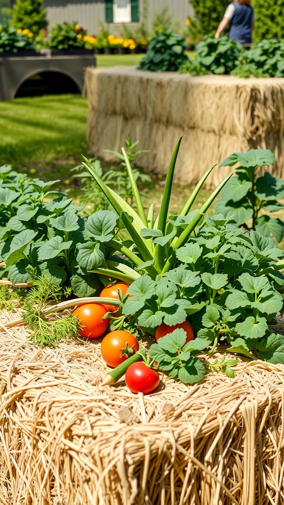 A garden featuring straw bale beds with various vegetables growing on top.