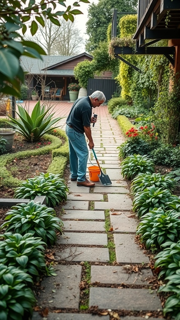 A person cleaning a stone pathway in a garden surrounded by plants.