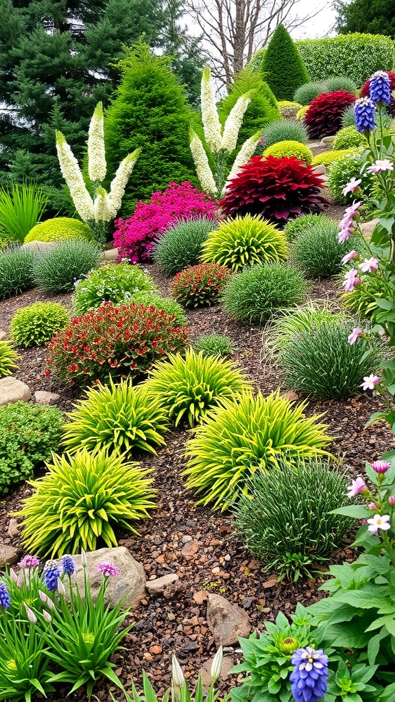 A couple walking through a colorful sloped garden filled with various flowers and greenery.