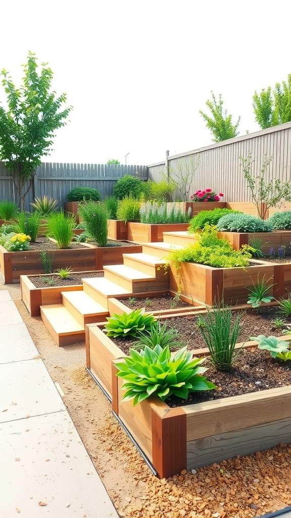 A multi-level raised garden bed layout with various plants and flowers.