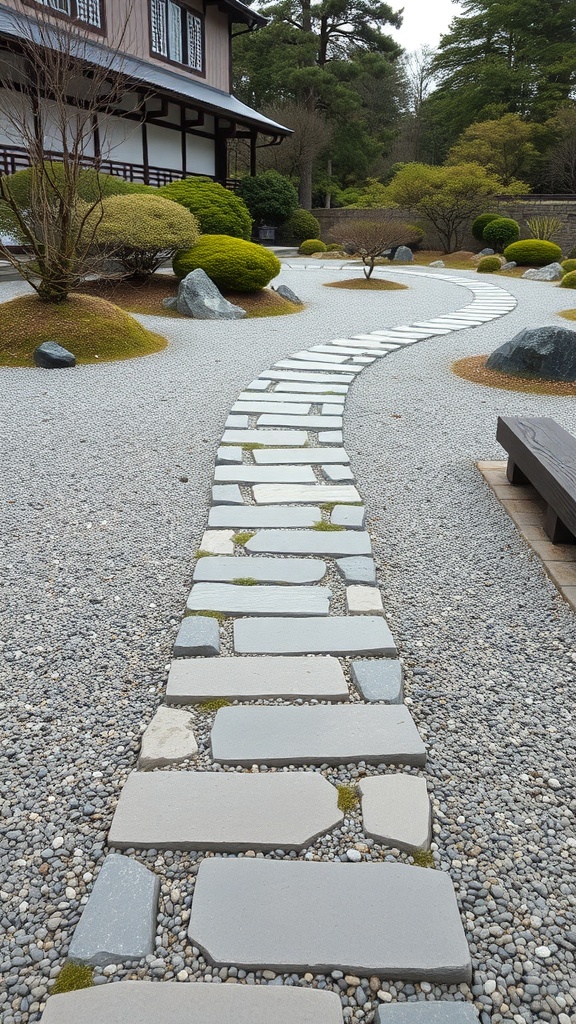 A pathway made of flat stones winding through a gravel area in a Japanese garden.