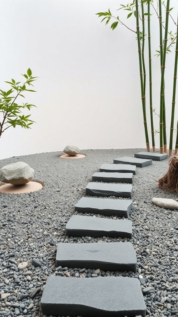 Zen garden path with flat stones and bamboo