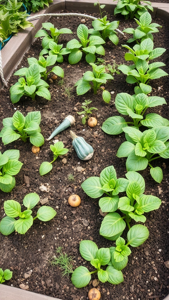 A garden bed with lush green plants growing in rich soil, featuring decorative elements.