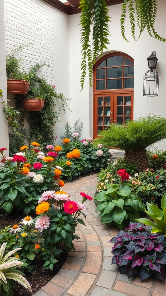 A vibrant courtyard garden featuring a variety of colorful flowers and lush greenery, with a winding path leading through the plants.