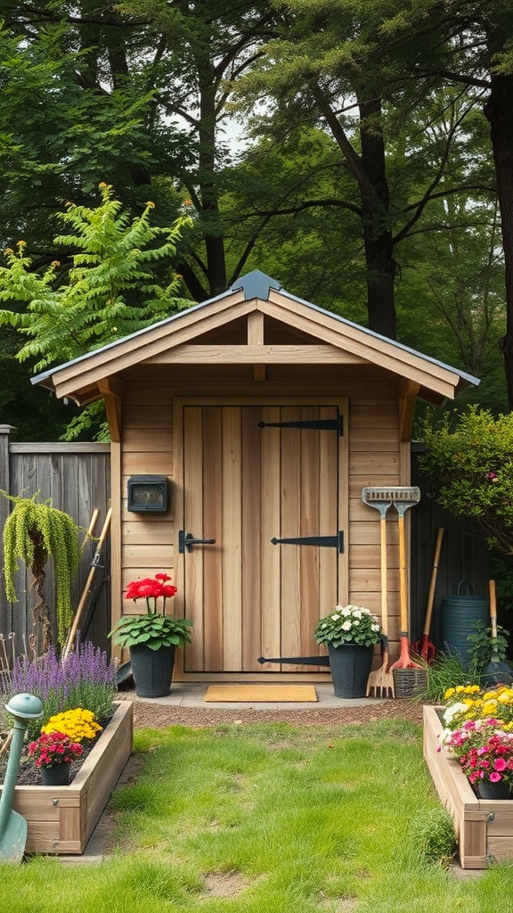 A charming wooden garden shed with a large overhang, surrounded by colorful flowers and greenery.