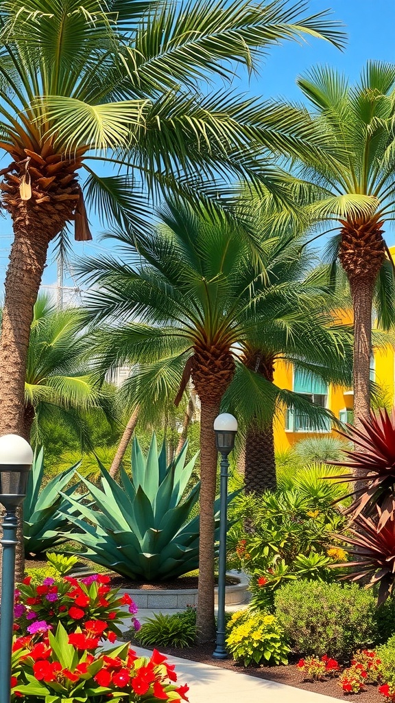 A tropical garden featuring tall palm trees, colorful flowers, and lush greenery.