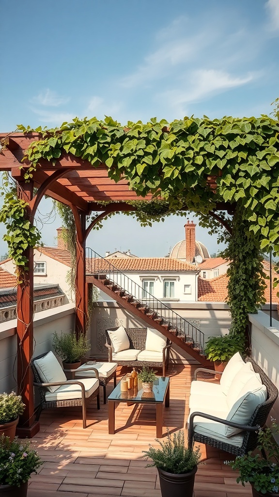 A rooftop garden with a wooden pergola covered in greenery, featuring a seating area with cushions and a small table.