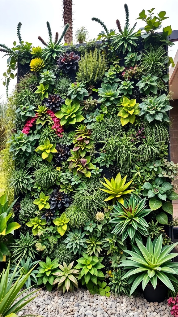 A vibrant vertical garden featuring a variety of plants, showcasing lush greenery and colorful foliage.
