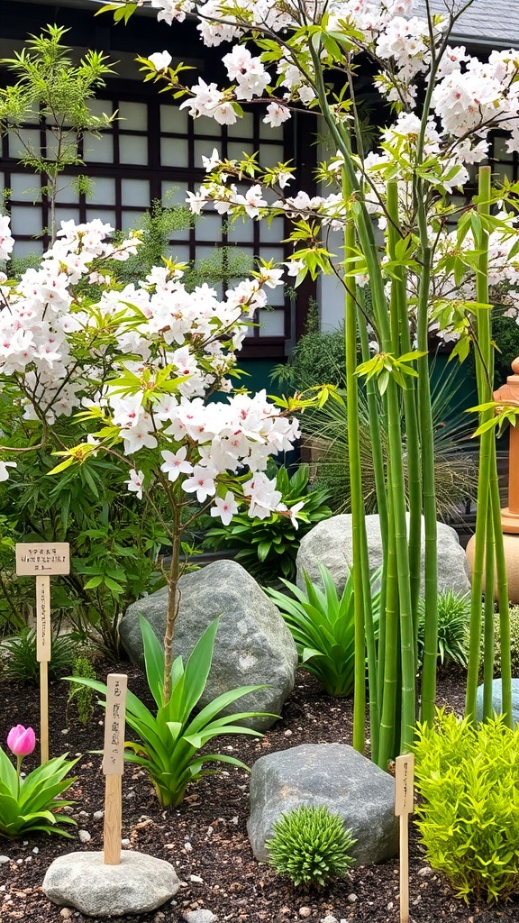 A Japanese garden featuring cherry blossoms, bamboo, and various green plants with stones.