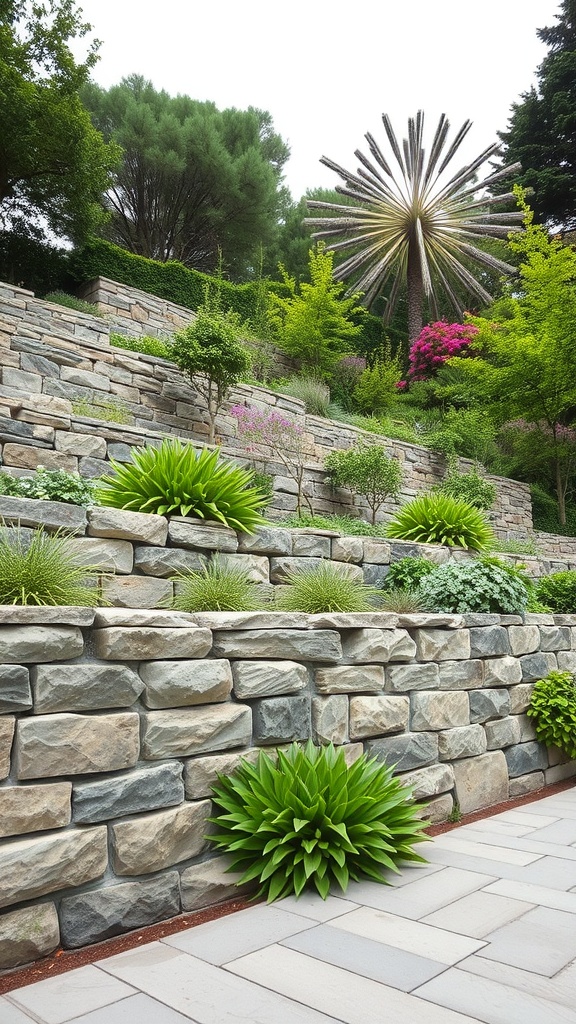 A sloped garden featuring stone retaining walls, lush greenery, and colorful flowers.